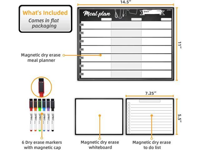 Magnetic Meal Planning Whiteboard - 14.5x11 Weekly Menu Board for Fridge -  7.5“x5.5 Notes - 7.5x5.5 Whiteboard for Kitchen Refrigerator - 6 Colors