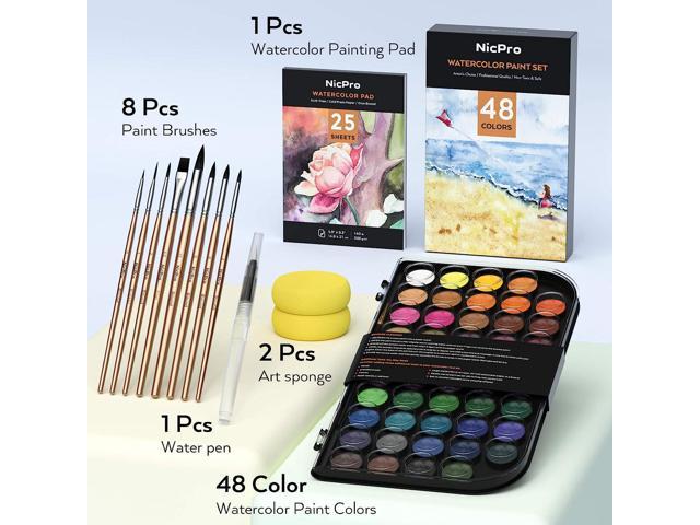 Nicpro Watercolor Paint Set, 48 Water Colors Kit with 8 Squirrel