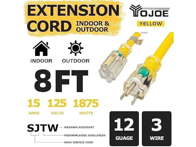 YOJOE 8 Foot Yellow Extension Cord, Lighted Outdoor 12/3 Cord, 12 Gauge 3  Prong SJTW Heavy Duty Extension Cable with 3 Prong Grounded Plug for Safety,  UL Listed 