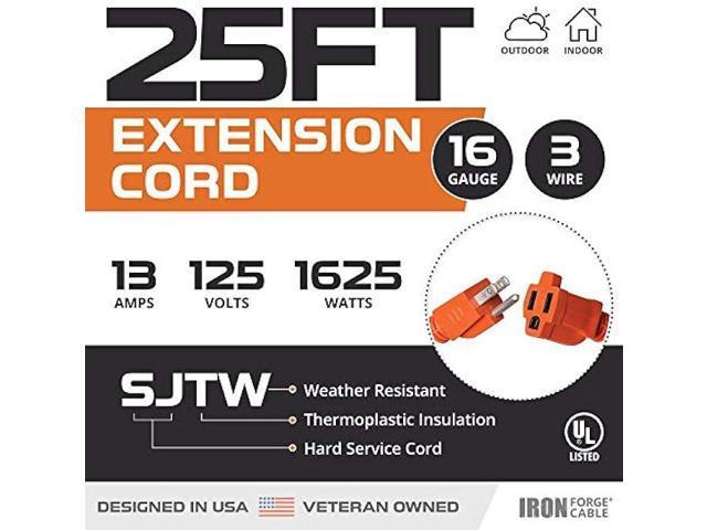 25 Ft Orange Extension Cord - 16/3 SJTW Heavy Duty Outdoor Extension Cable  with 3 Prong Grounded Plug for Safety - Great for Garden & Major Appliances  