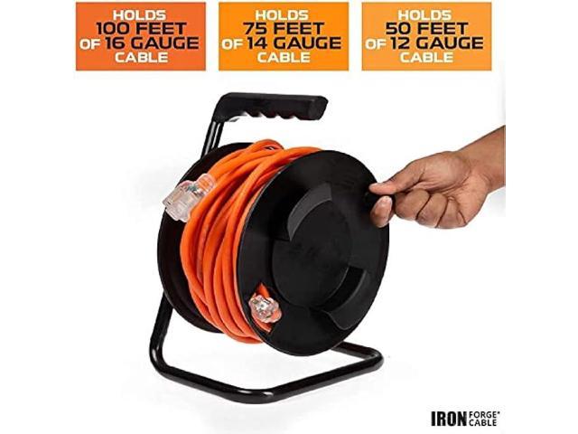 Iron Forge Cable Extension Cord Storage Reel with Metal Stand, Black - Portable Cable Reel, Holds Up to 100 ft of Electrical Cord, Hose, or Rope