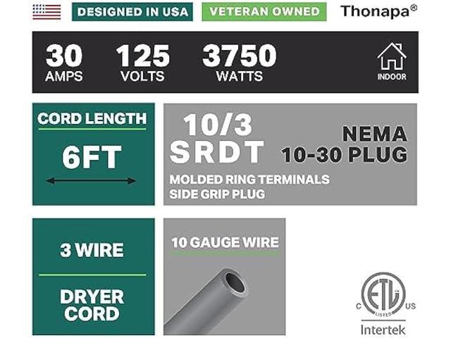 Thonapa 3 Prong Dryer Cord 6 ft, 30 Amp Appliance Extension Cord 3 Prong 6 Foot, NEMA 10-30 Plug, 10/3 SRDT Gray Dryer Power Cord with Molded Ring Ter