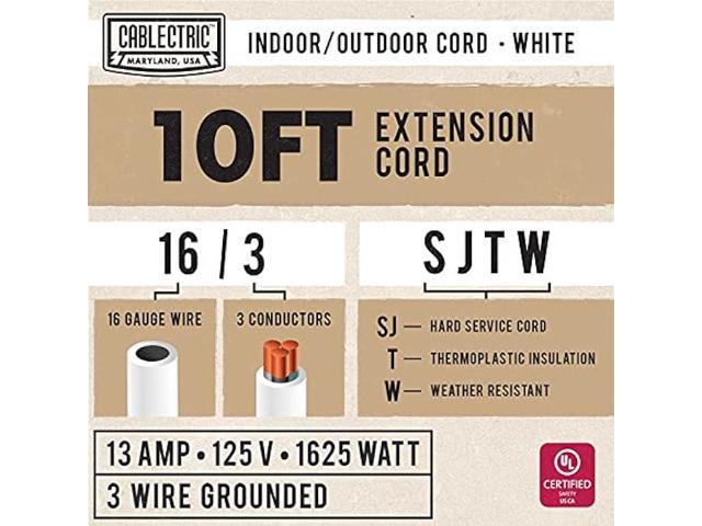 Cablectric 10 Foot Outdoor Extension Cord - 16/3 SJTW White 16 Gauge Electrical Cable with 3 Prong Grounded Plug