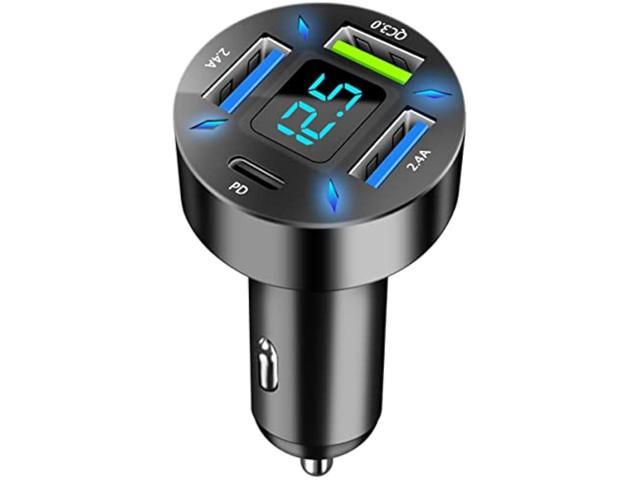 GemCoo 4 Port USB Car Charger Adapter 50W PD & QC3.0 USB 2.4A Cigarette Lighter USB Charger with LED Voltmeter Fast Charger Compatible with iPhone, Android, Samsung, iPad Pro