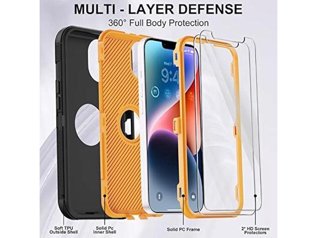 Annymall for iPhone 14 Case with 2 Screen Protector,Full Body Shockproof  Drop Protection Dust Proof Heavy Duty 3-Layer Rugged Durable Military Grade  Cover for Apple iPhone 14 6.1 (Black/Oranger) 