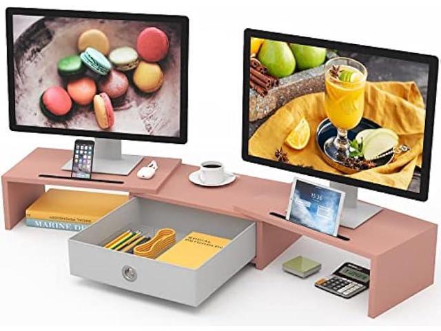 WESTREE Dual 3 Shelf Computer Riser with Drawer, Adjustable Length and ...