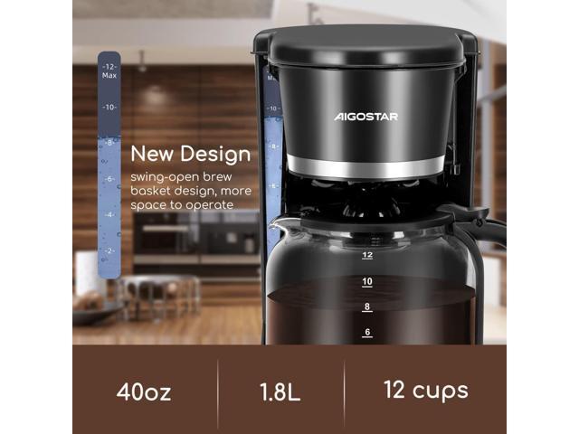 Aigostar Programmable Coffee Maker, 12 Cup Coffee Maker with Glass Carafe,  Auto Pause Drip Coffee Maker, 24H Timer and Auto Keep Warm Small Coffee  Maker with Permanent Filter, Black 