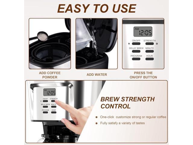 Drip Coffee Machine with 12-Cup Pot, Programmable Coffee Maker with Reusable  Filter & Glass Carafe, Automatic Keep Warm, Time Saver, Intelligent Anti- drip System, Stainless Steel Black 