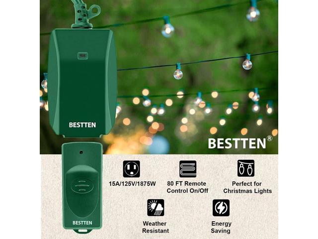 BESTTEN Outdoor Indoor Remote Control Outlet, Wireless Electrical Outlet  Switch with 6-Inch Heavy Duty Power Cord, 3 Grounded Outlets,  15A/125V/1875W