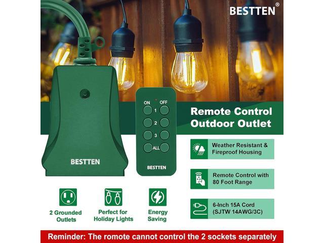  [2 Pack] BESTTEN Wireless Remote Control Outlet (2 Outlets, 80  Foot Range), ETL Listed, Weather Resistant Electrical Outlet for Christmas  Lights and Patio Fountain, (Battery Included) : Tools & Home Improvement