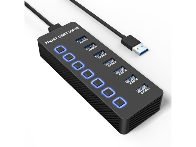 KEHIPI USB Hub 3.0 7 Port, USB Data Hub Splitter with LED Individual On ...
