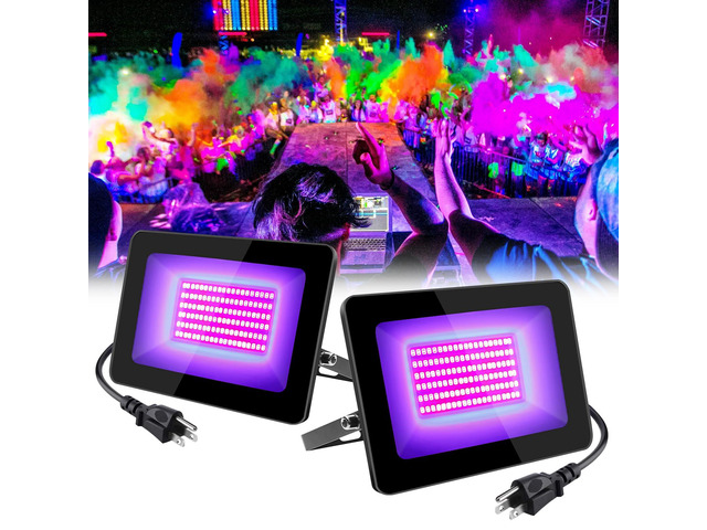 YGS-Tech LED UV Flood Light – 60W Black Light, 395-405nm, IP66 Waterproof, With UL Plug – 2-Pack For Parties, Stage, Aquarium, Glow Effects