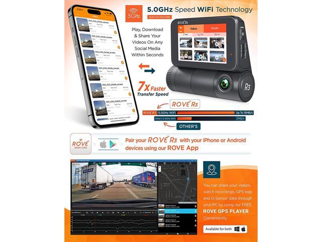 Rove R3 Dash Cam, 3” IPS Touch Screen, 3 Channel Dash Cam Front and Rear  with Cabin, Built-in GPS, 5.0 GHz WiFi, 2K 1440P+1080P+1080P, 24-HR Parking