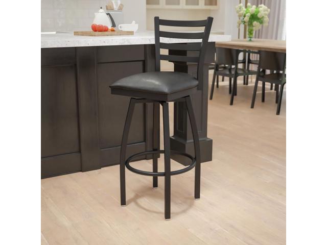 Photo 1 of 2 Pk. HERCULES Series Black Ladder Back Swivel Metal Barstool - Black Vinyl Seat