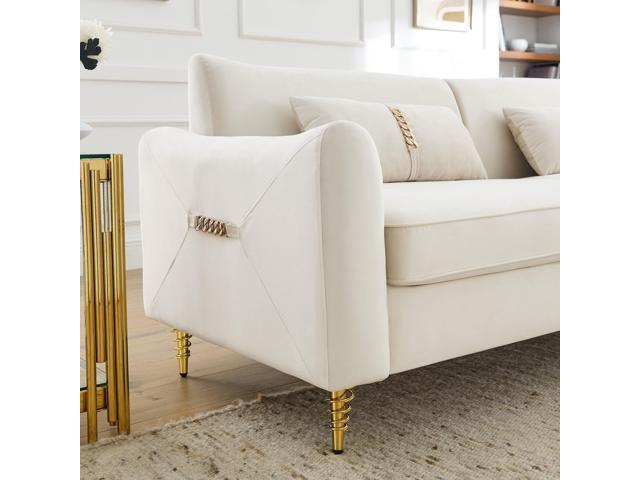 80.3 Modern Sofa Couch Upholstered Sofa Tufted Back Comfy Velvet Long Couch with 2 Pillows and Golden Legs for Living Room, Bedroom, Office, Apartmen