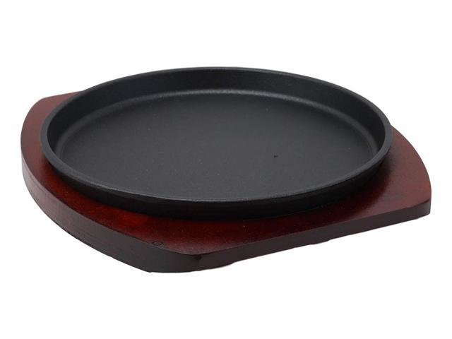 Ebros Personal Size Cast Iron Sizzling Fajita Pan Skillet Japanese Steak Plate with Wood Underliner Base Restaurant Home Kitchen Cooking Supply