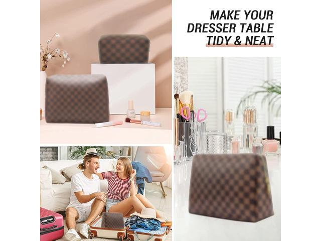 Checkered Makeup Bag 2Pcs Travel Cosmetic Bags Portable Toiletry Organizer  for Women Waterproof Leather Toiletries Bag Brown 