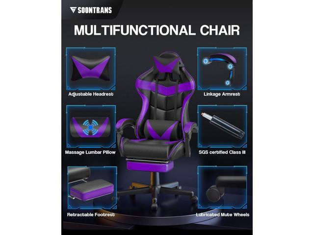 Soontrans Gaming Chair with Footrest, Ergonomic Lumbar Massage Pillow Chair,  PU Leather Office Chair, Purple 