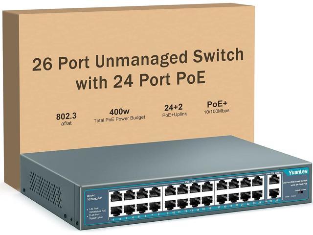 24 Port Gigabit Ethernet PoE Switch with 2 Uplink Gigabit Port & 2 SFP  Port, YuanLey Unmanaged 24 Port PoE+ Network Switch, Rackmout, Build in  400W Power, Support 802.3af/at, Plug and Play