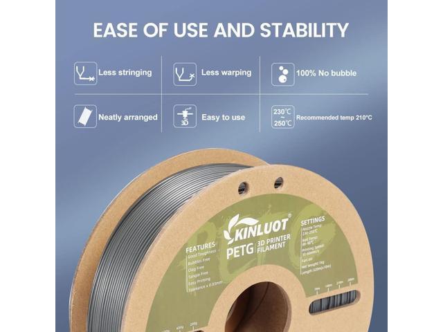 KINLUOT PETG Filament 1.75mm 3D Printer Filament Grey PETG, Easy to Print,  Dimensional Accuracy +/- 0.03 mm, 1kg Cardboard Spool (2.2lbs), Fit Most