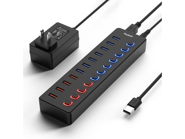 Rosonway USB Hub 3.0 Powered Aluminum 7 Ports USB 3.0 Data Hub Splitter  with 24W (12V/2A) Power Adapter and Individual On/Off Switches USB Port