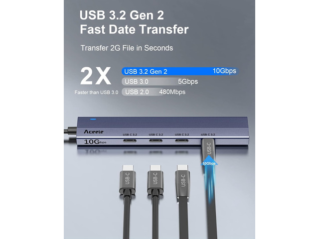 Aceele USB 3.2 Hub – 10 Gbps – Meerdere Poorten – Snel Gegevens Overdragen – Plug & Play