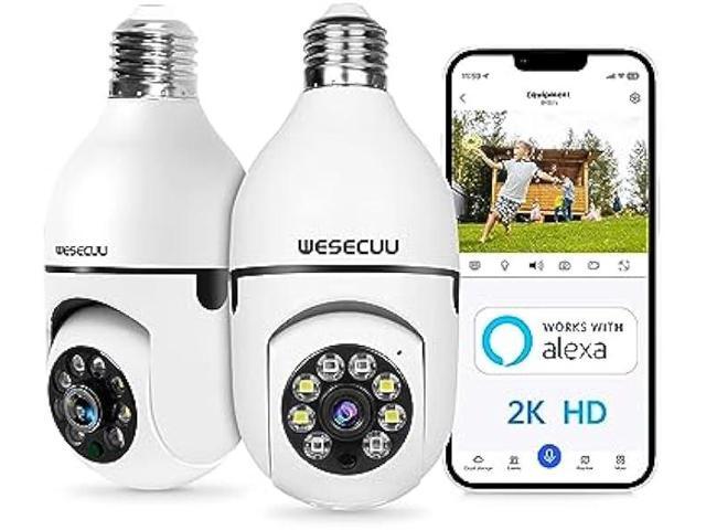 Light Bulb Security Camera, 2K Bulb Security Camera 2.4GHz,Security Cameras  Wireless Outdoor with Automatic Human Tracking,Motion Detection Alarm,Color  Night Vision Bulb Camera Compatible with Alexa