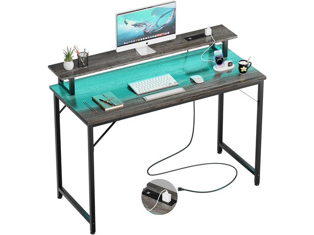 47 inch Computer Desk with Power Outlets, Gaming Desk with LED Lights ...
