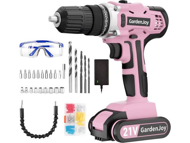 GardenJoy Cordless Power Drill Set: 21V Electric Drill with Fast Charger  3/8-Inch Keyless Chuck 2 Variable Speed 24+1 Torque Setting Power Tools Kit