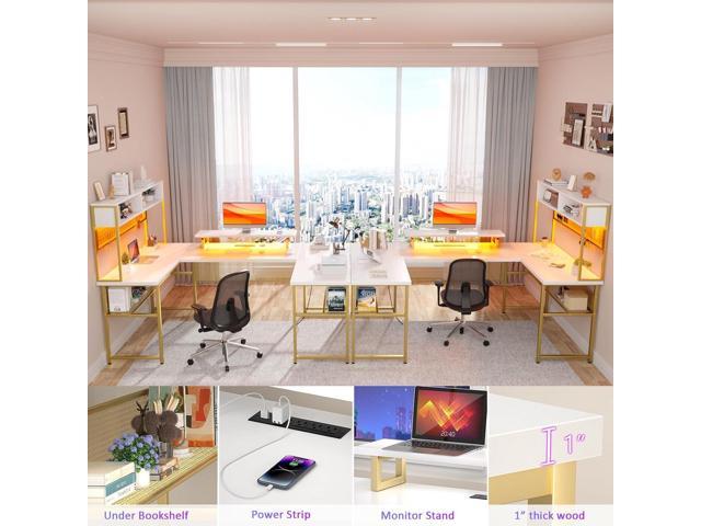 Unikito U Shaped Desk with Hutch, 106 Inch Reversible L Shape Computer Desk  with Power Outlets and LED Lights, Large Office Table with Monitor Stand