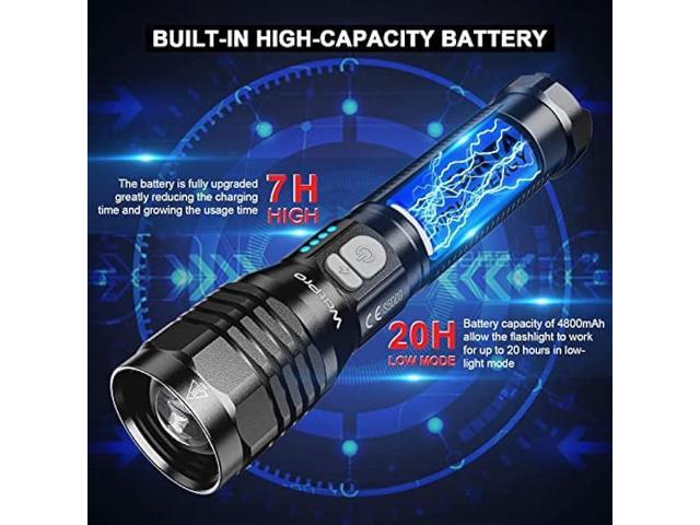 Rechoo High-Powered LED Flashlight S2000, Upgraded Powerful 2000 High Lumens Flashlights with 3 Modes, Zoomable, Water Resistant Flash Light for