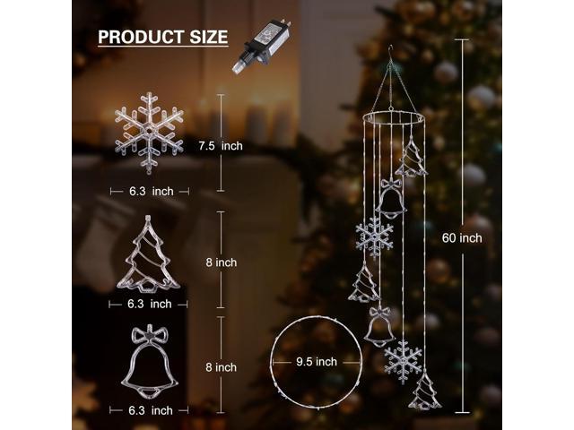 Christmas Wind Chimes Light LED Hanging Lights Outdoor Indoor Decorations Jingle Bell Christmas Tree Snowflake Christmas Decoration Lights with 8 Ligh