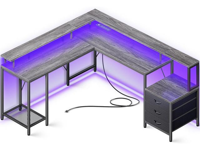 Huuger L Shaped Gaming Desk with LED Lights and Power Outlets, Computer ...