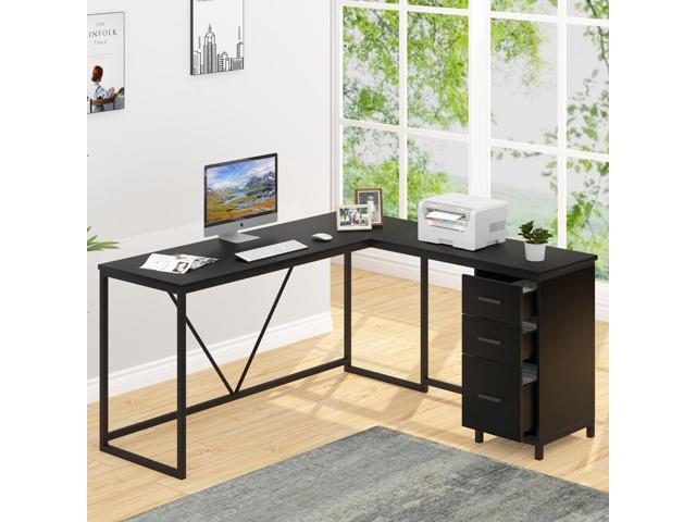 Hsh Large Black L Shaped Desk Corner Wood Computer Desk With Drawer