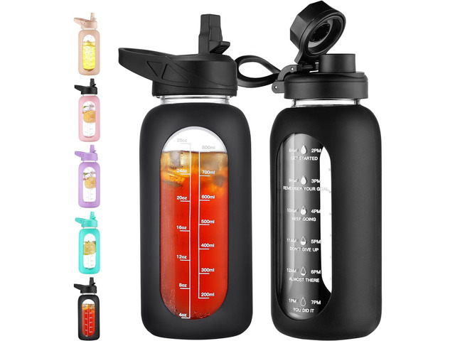 CIVAGO 32 oz Glass Water Bottle with Straw and Handle, Large Sports ...