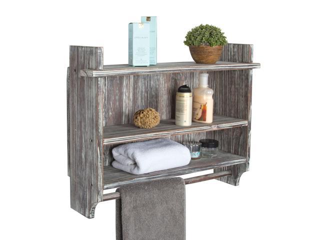 MyGift Wall-Mounted Rustic Gray Wood 3-Tier Bathroom Organizer Shelf Rack with 23 inch Hand Towel Bar