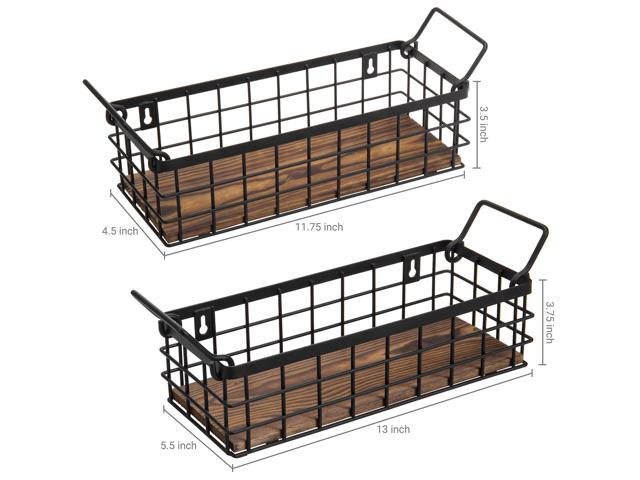 Wall Mounted or Tabletop Black Metal Wire and Burnt Wood Small Decorative Storage Baskets, Set of 2