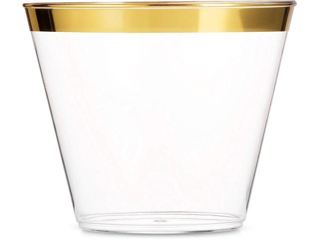 Photo 1 of 100 Gold Plastic Cups 9 Oz Clear Plastic Cups Old Fashioned Tumblers Gold Rimmed Cups Fancy Disposable Wedding Cups Elegant Party Cups with Gold Rim
