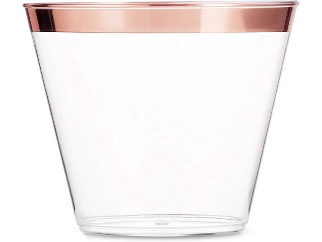 Photo 1 of 100 Rose Gold Plastic Cups 9 Oz Clear Plastic Cups Old Fashioned Tumblers Rose Gold Rimmed Cups Fancy Disposable Wedding Cups Elegant Party Cups with Rose Gold Rim