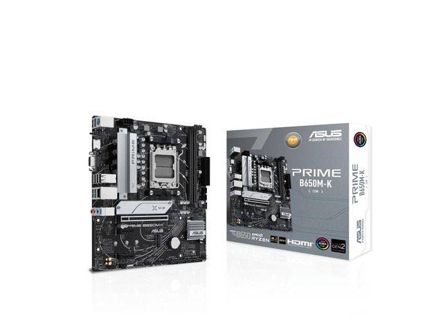 ASUS PRIME B650M-K-CSM ASUS PRIME B650M-K-CSM AMD B650 (Ryzen AM5) micro ATX motherboard,DDR5 support,two M.2 slots, 2.5 Gb LAN,USB 3.2 Gen 2 ports,front USB 3.2 Gen 1 Type-C,BIOS FlashBack, Aura Sync
