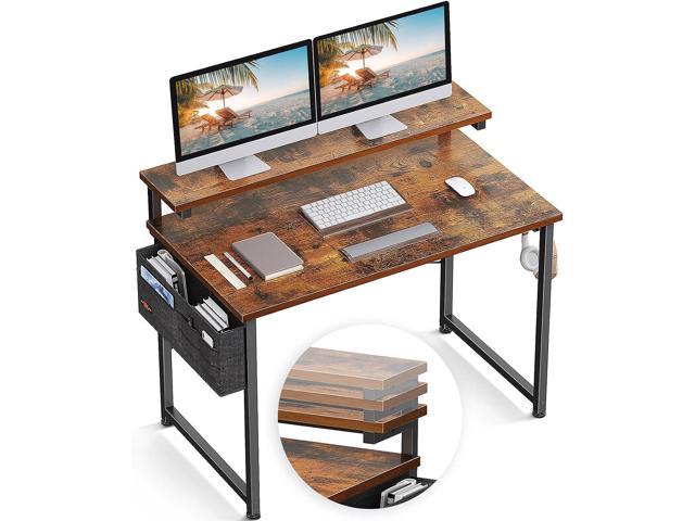 ODK Computer Desk with Adjustable Monitor Shelves, 40 inch Home Office Desk  with Monitor Stand, Writing Desk, Study Workstation with 3 Heights (10cm,  13cm, 16cm), Rustic Brown 