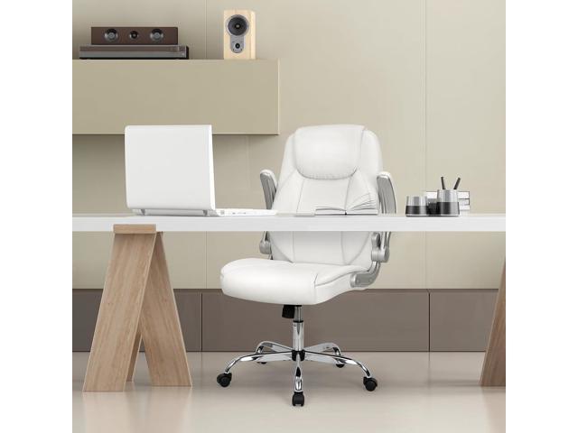 NEO CHAIR Ergonomic Office Chair PU Leather Executive Chair Padded Flip Up  Armrest Computer Chair Adjustable Height High Back Lumbar Support Wheels  Swivel for Gaming Desk Chair (White) 