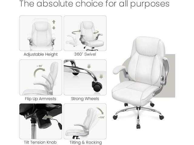 NEO CHAIR Ergonomic Office Chair PU Leather Executive Chair Padded Flip Up  Armrest Computer Chair Adjustable Height High Back Lumbar Support Wheels  Swivel for Gaming Desk Chair (White) 