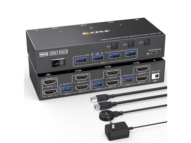 Hdmi Kvm Switch 3 Computers 2 Monitors, 4k@60hz Dual Monitor Usb 3.0 