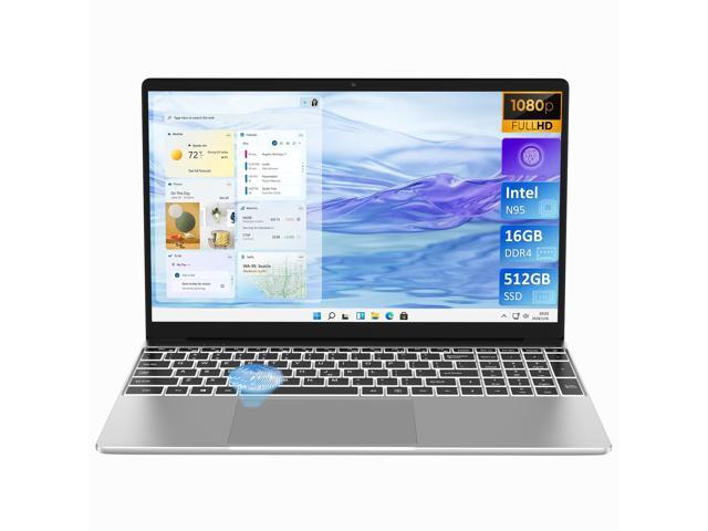 Auusda Laptop Computer w/16GB DDR4 RAM 512GB M.2 PCIe NVMe SSD, Intel N95 2.0-3.4 GHz, 15.6" FHD LCD Work PC, Windows 11 Pro Notebooks, Backlit Keyboard, Fingerprint Unlock, Silver