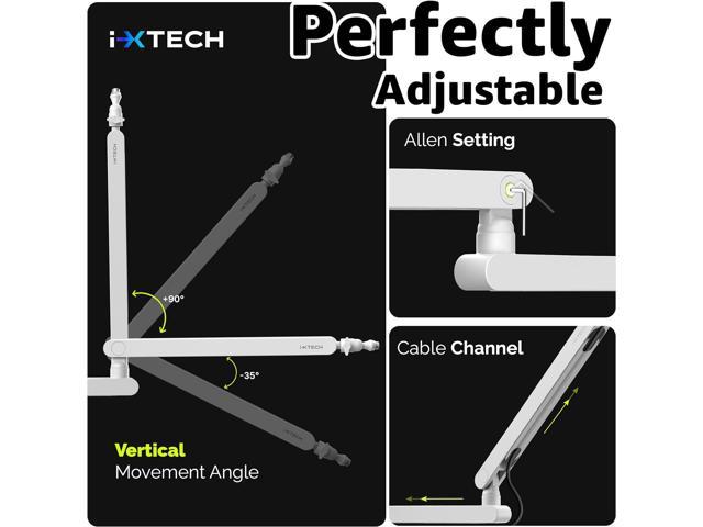 IXTECH White Microphone Boom Arm Stand Low Profile Boom Arm Adjustable ...