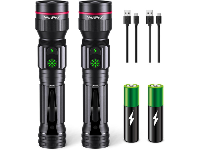 Dual Power Flashlight WdtPro Rechargeable Flashlights (Battery Included), LED Tactical ...
