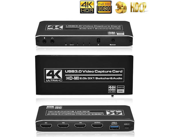 4K@60Hz 3X1 HDMI Audio Video Capture Card with Mic&Audio, HDMI USB3.0 ...