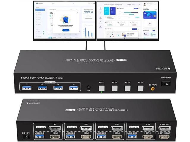 ESKEVE HDMI KVM-switch 8K @60Hz 4K @120Hz, voor 2 computers die 1 monitor en 3 USB 3.0-apparaten delen, bekabelde afstandsbediening en USB-kabel inbegrepen