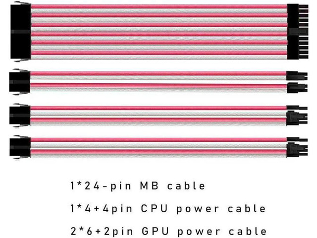 Pink Cable Extensions Mod Sleeved Cable, Pink & White Power Supply Cable Extension Kit, 24PIN ...